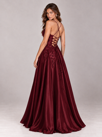 Lace Applique Satin A-Line Prom Dress with Sheer Bodice