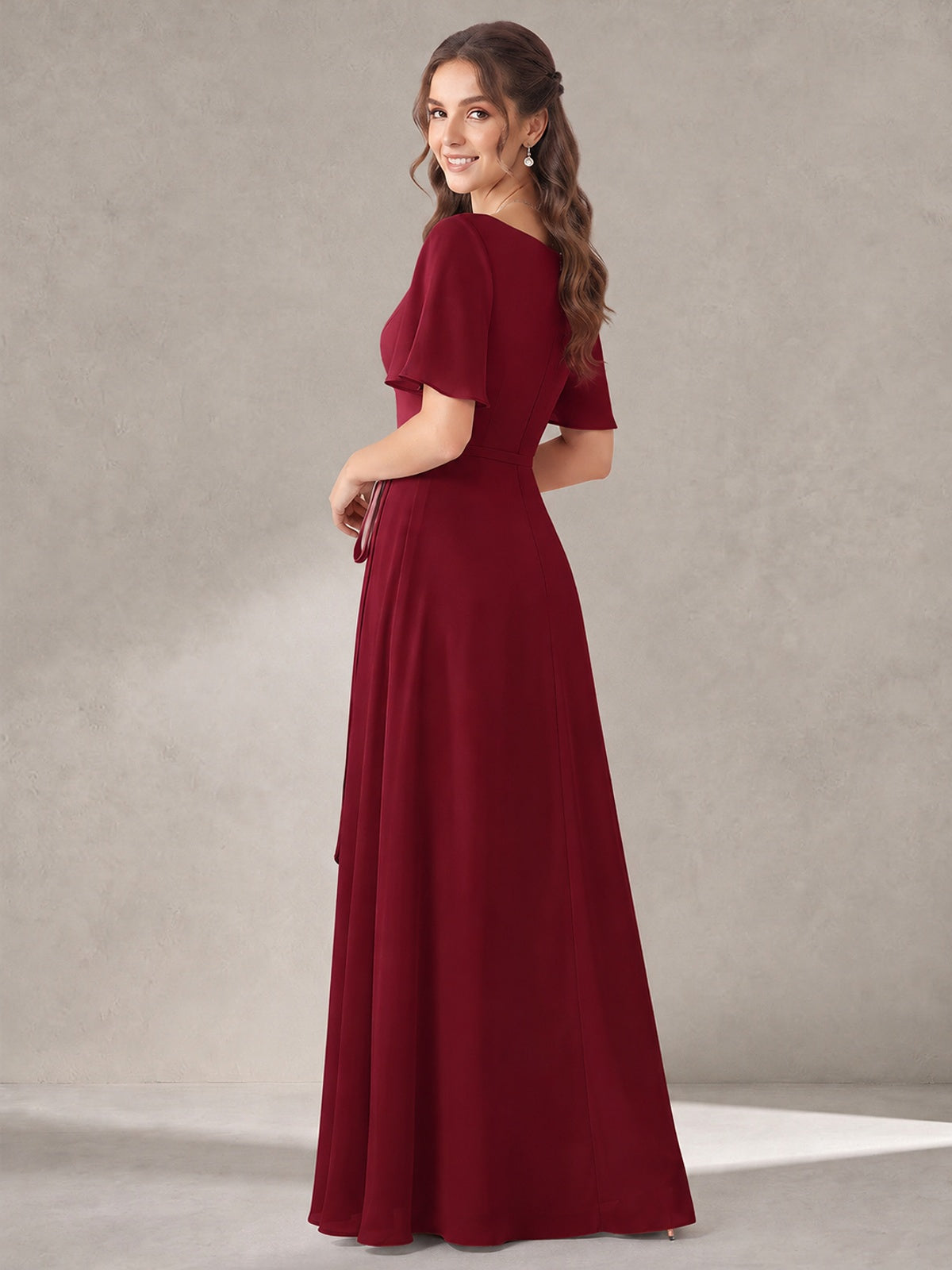 Scoop Neck A-line Chiffon Bridesmaid Dress with Flutter Sleeve & Belt