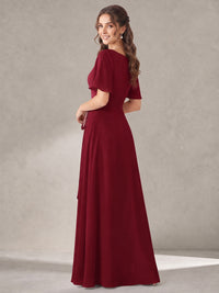 Scoop Neck A-line Chiffon Bridesmaid Dress with Flutter Sleeve & Belt