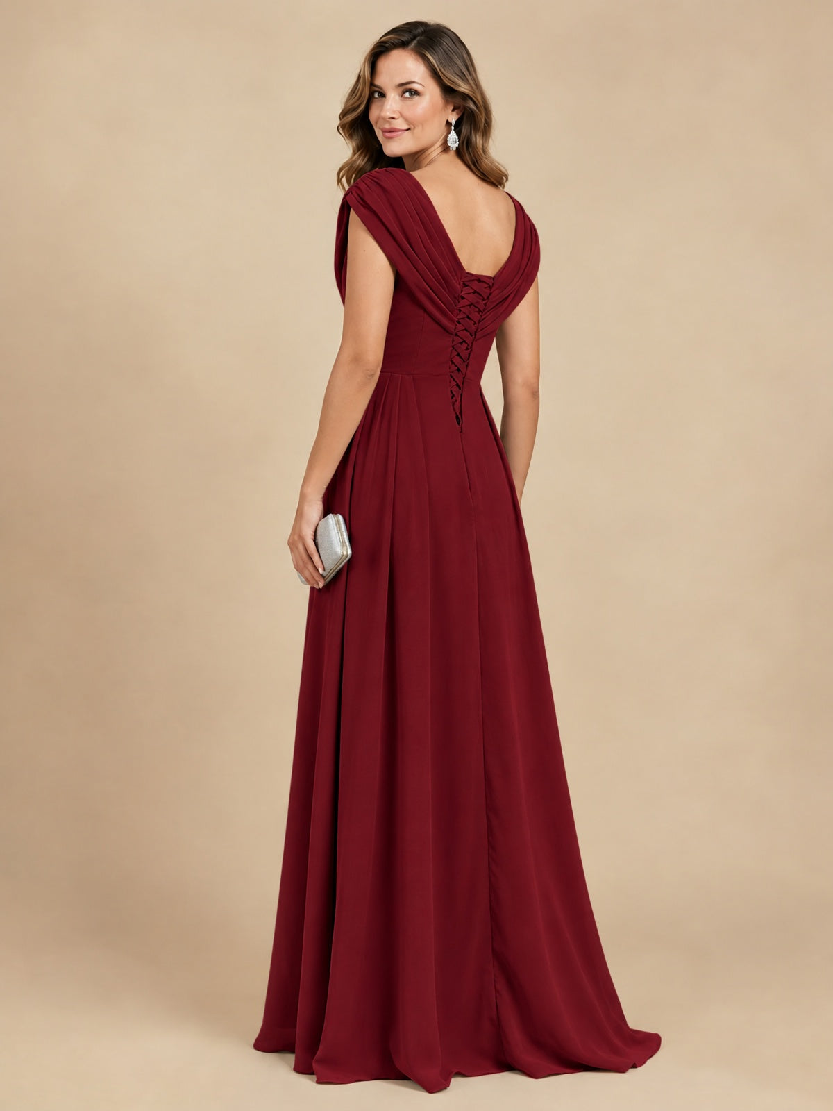V Neck Pleated Mother of The Bride Dresses with Beading Cap Sleeves