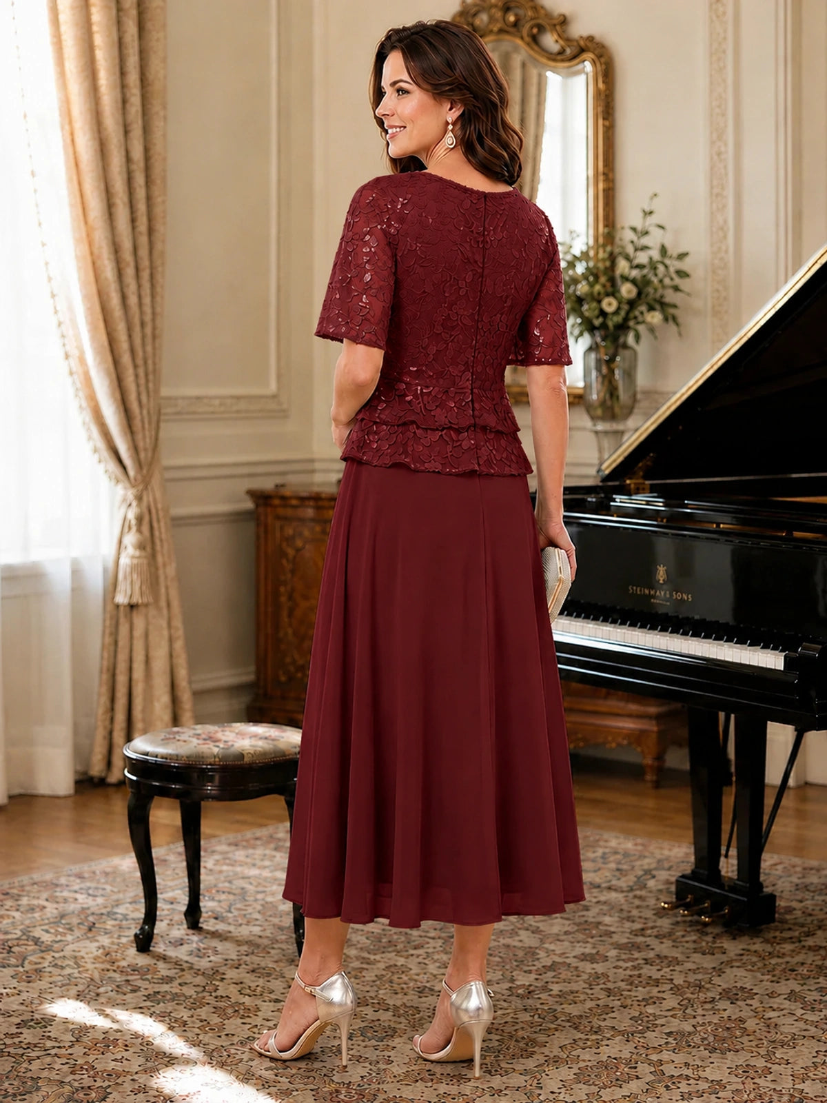 Tea-Length Chiffon Mother of the Bride Dress with Sequin Lace Sleeves