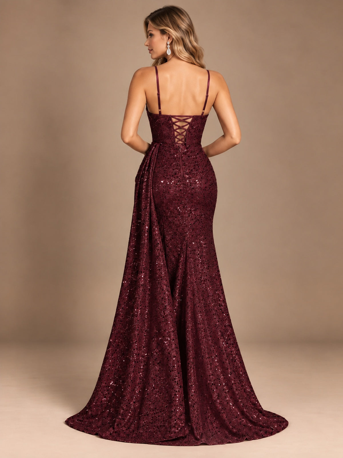 Burgundy Sequin Corset Prom Dress with High Slit