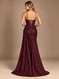 Burgundy Sequin Corset Prom Dress with High Slit