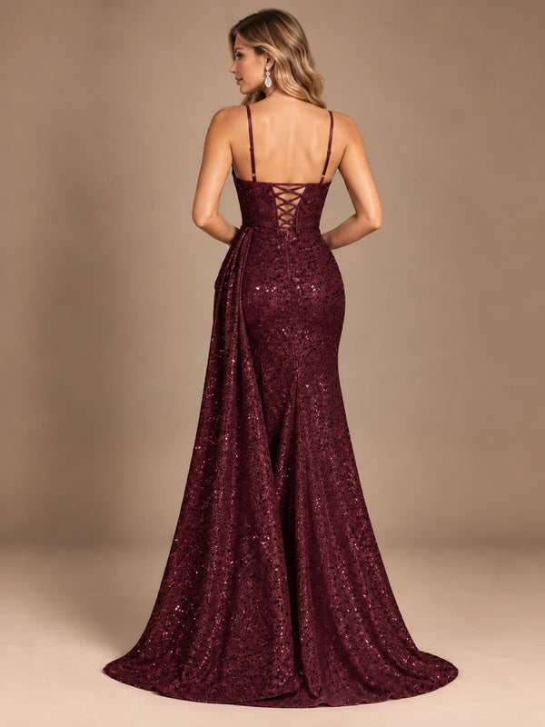 Burgundy Sequin Corset Prom Dress with High Slit