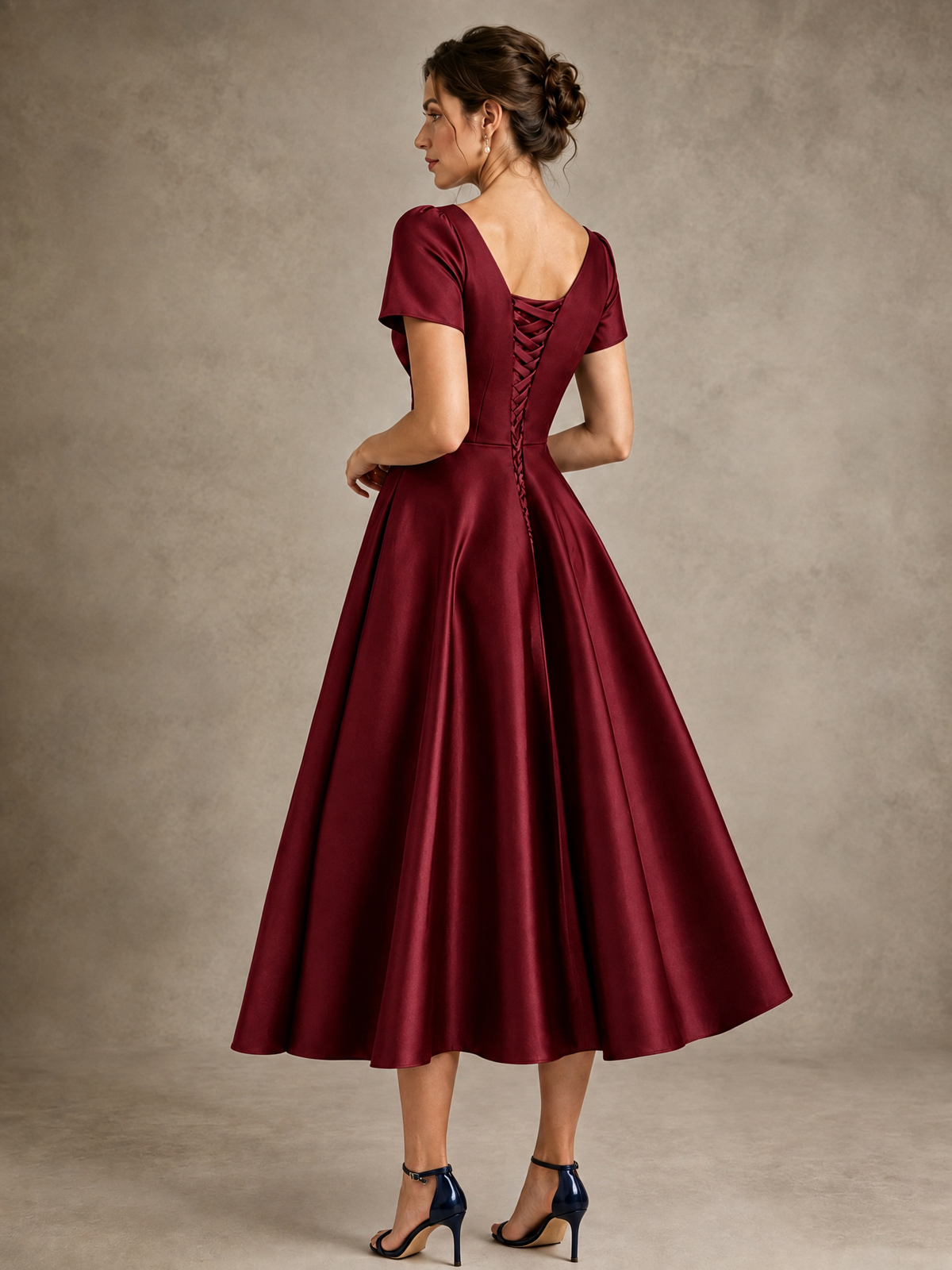 V-Neck Tea-Length Satin Mother of the Bride Dress with Bow