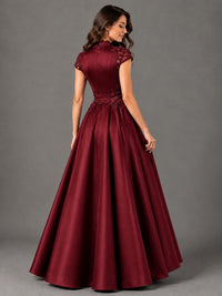 Lace Appliqué A-Line Satin Maxi Dress