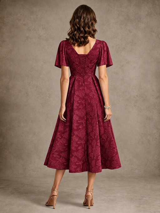 V-Neck Floral Jacquard Tea-Length Mother of the Bride Dress