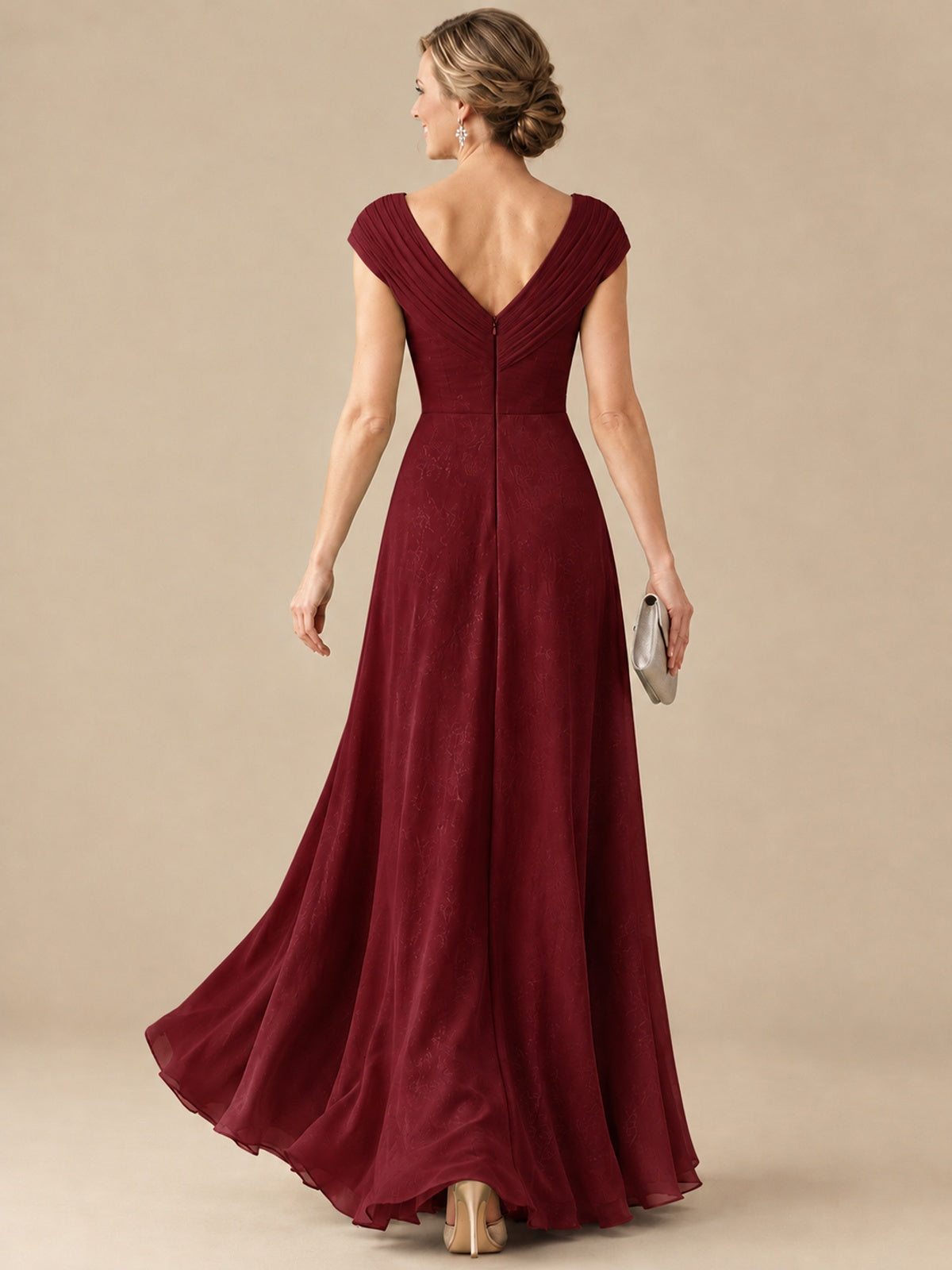 Pleated Chiffon Lace Mother of The Bride Dresses with Beading Cap Sleeves