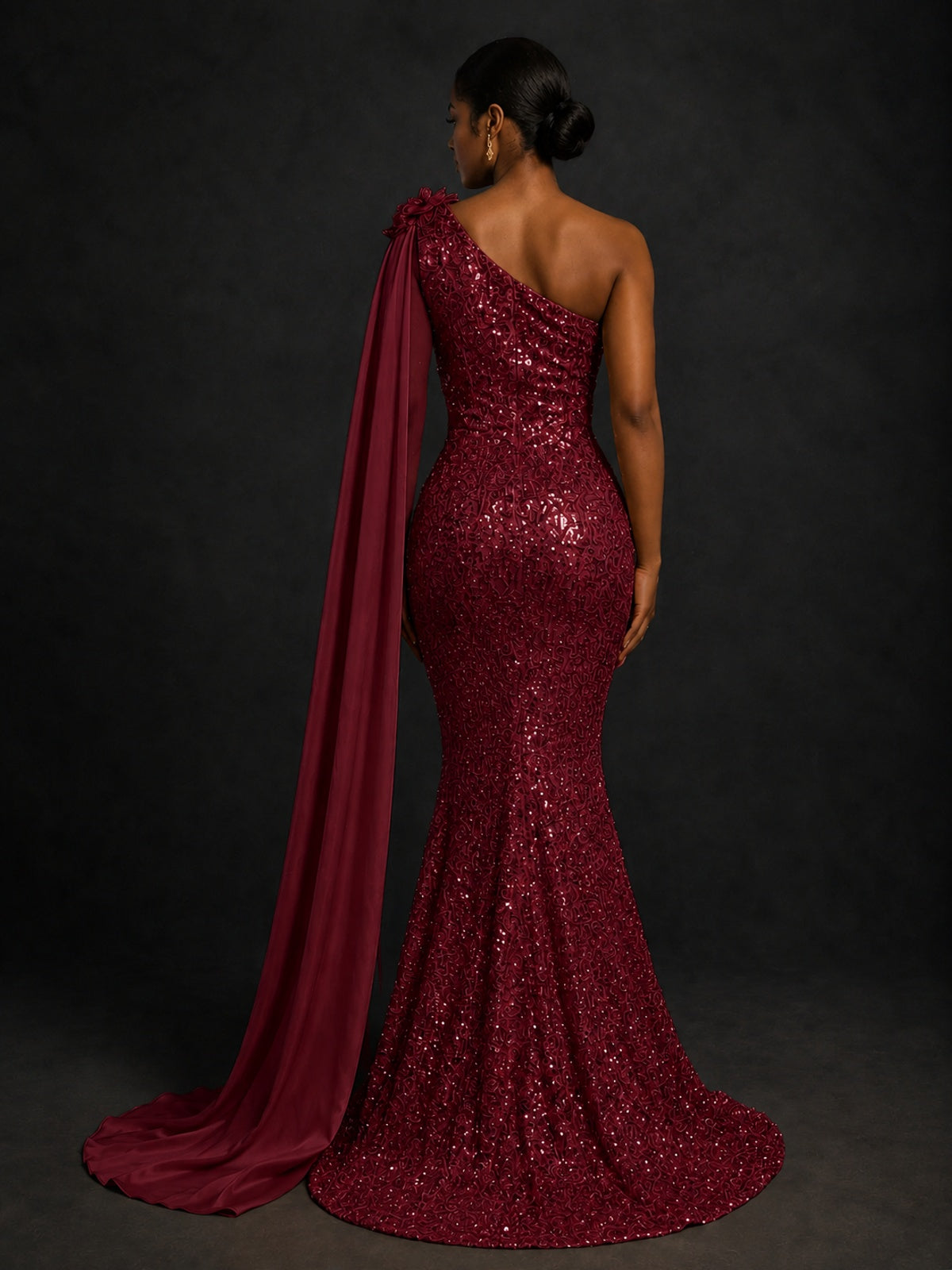 Gold Sequin One Shoulder Mermaid Prom Dress with Cape