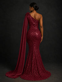 Gold Sequin One Shoulder Mermaid Prom Dress with Cape