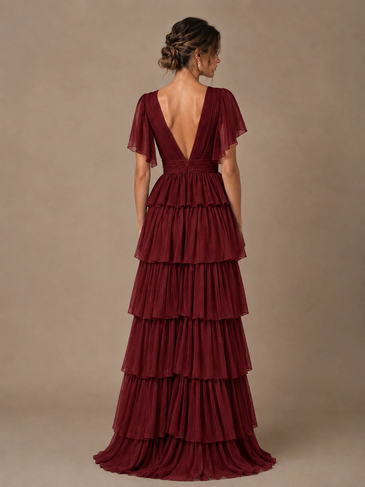 Chiffon V-Neck Tiered Ruffle Bridesmaid Dress with Slit