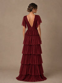 Chiffon V-Neck Tiered Ruffle Bridesmaid Dress with Slit
