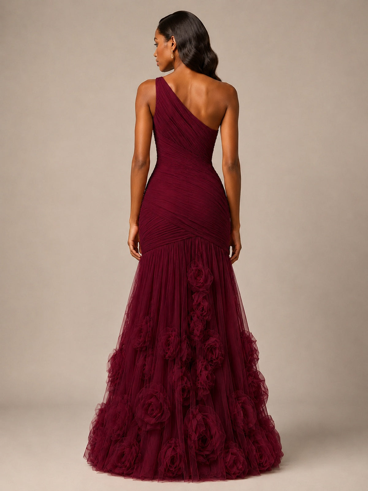 Blush Pink One Shoulder 3D Floral Mermaid Prom Dress