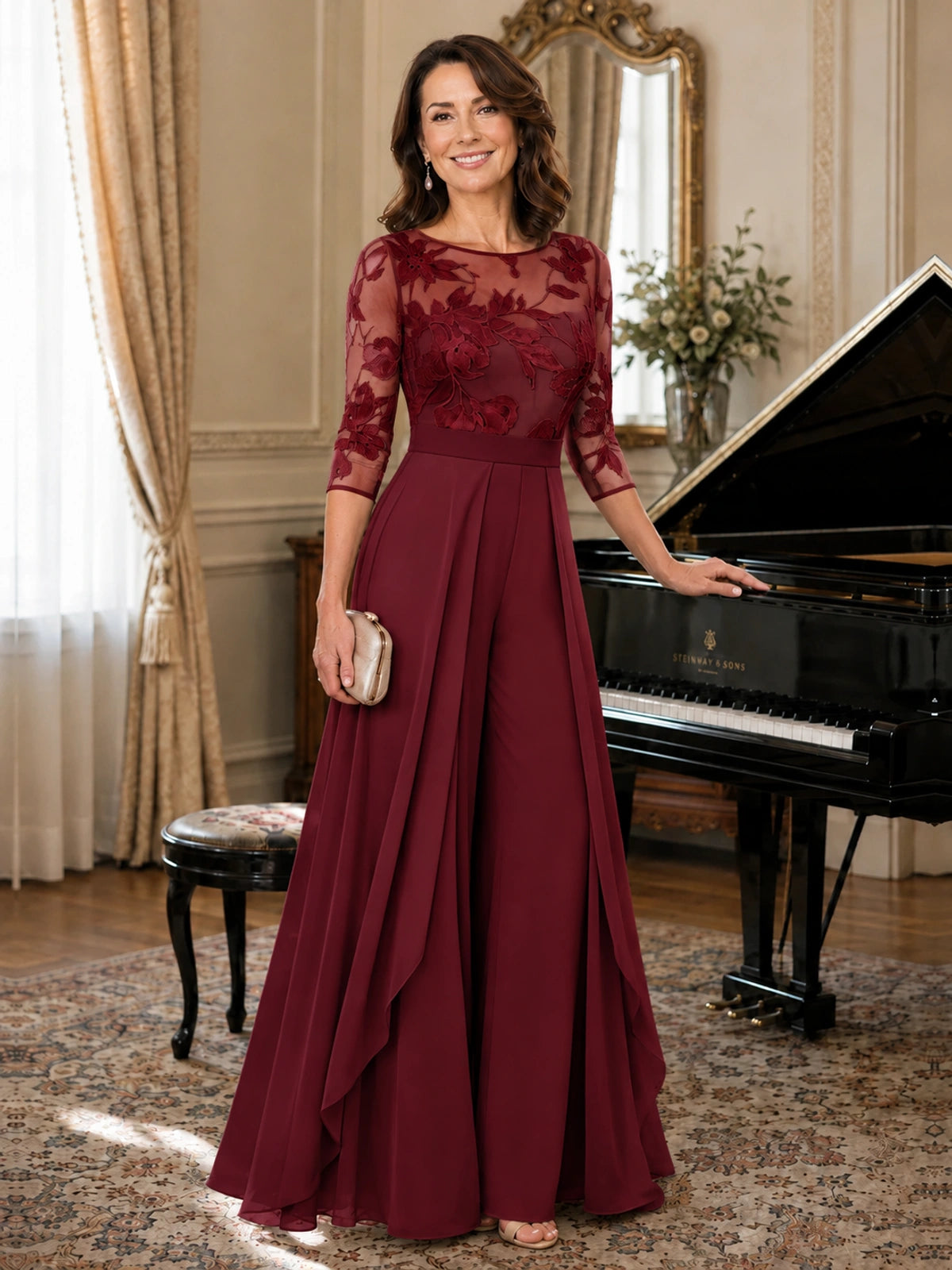 Lace Applique Wide-Leg Chiffon Mother of the Bride Jumpsuit