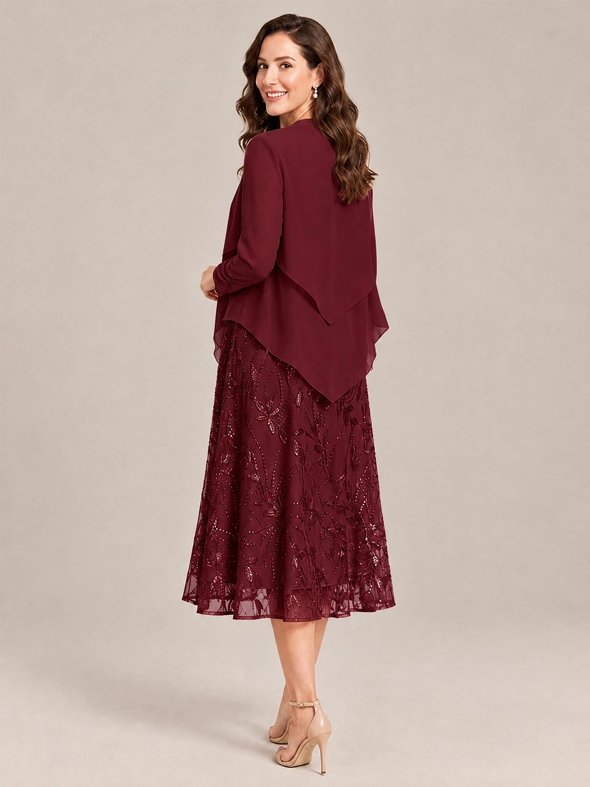 Tea Length Sequin Lace Mother of the Bride Dress with Chiffon Jacket