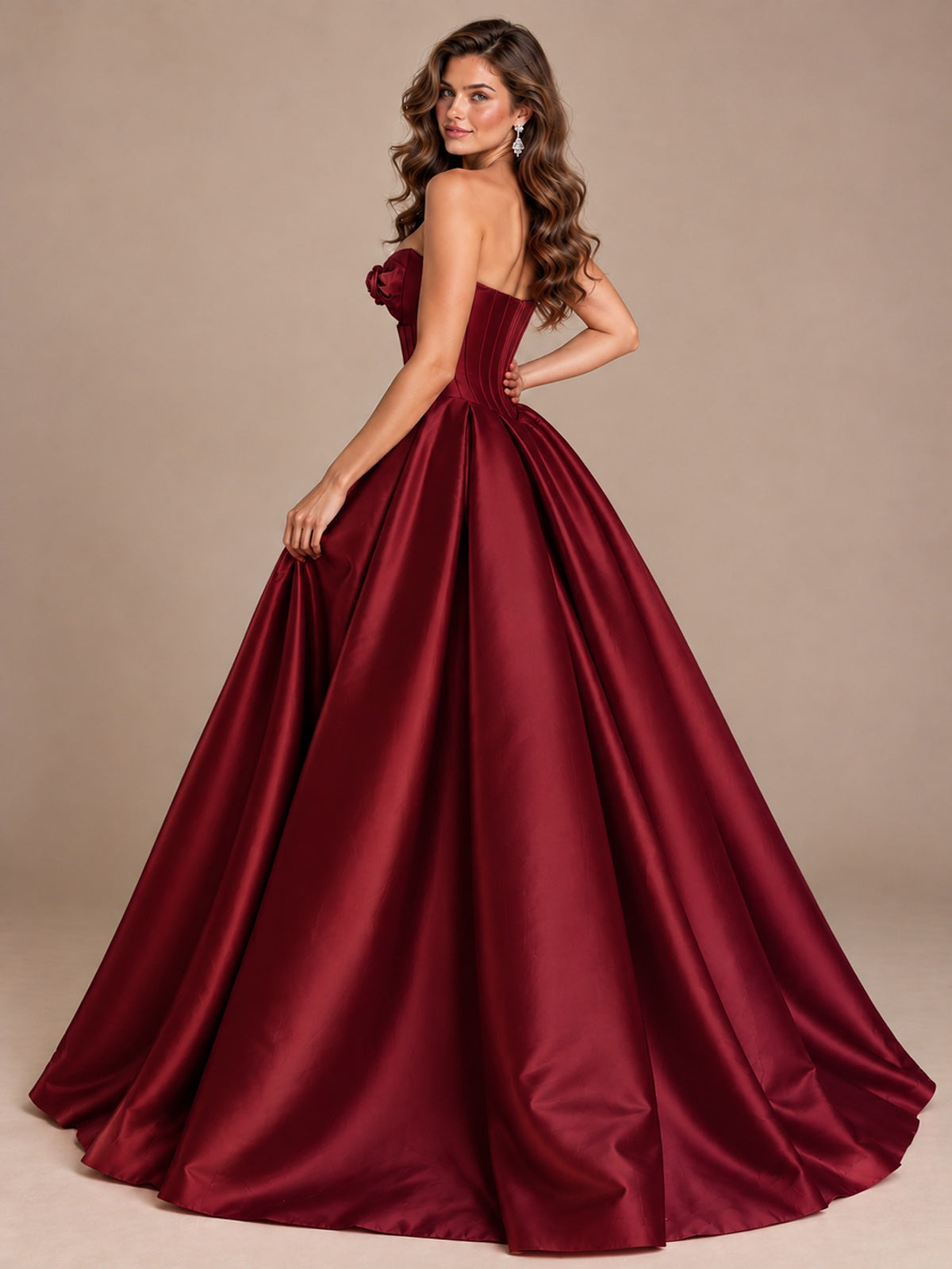 Pink Strapless Corset Satin Prom Derss & Ball Gown with 3D Floral