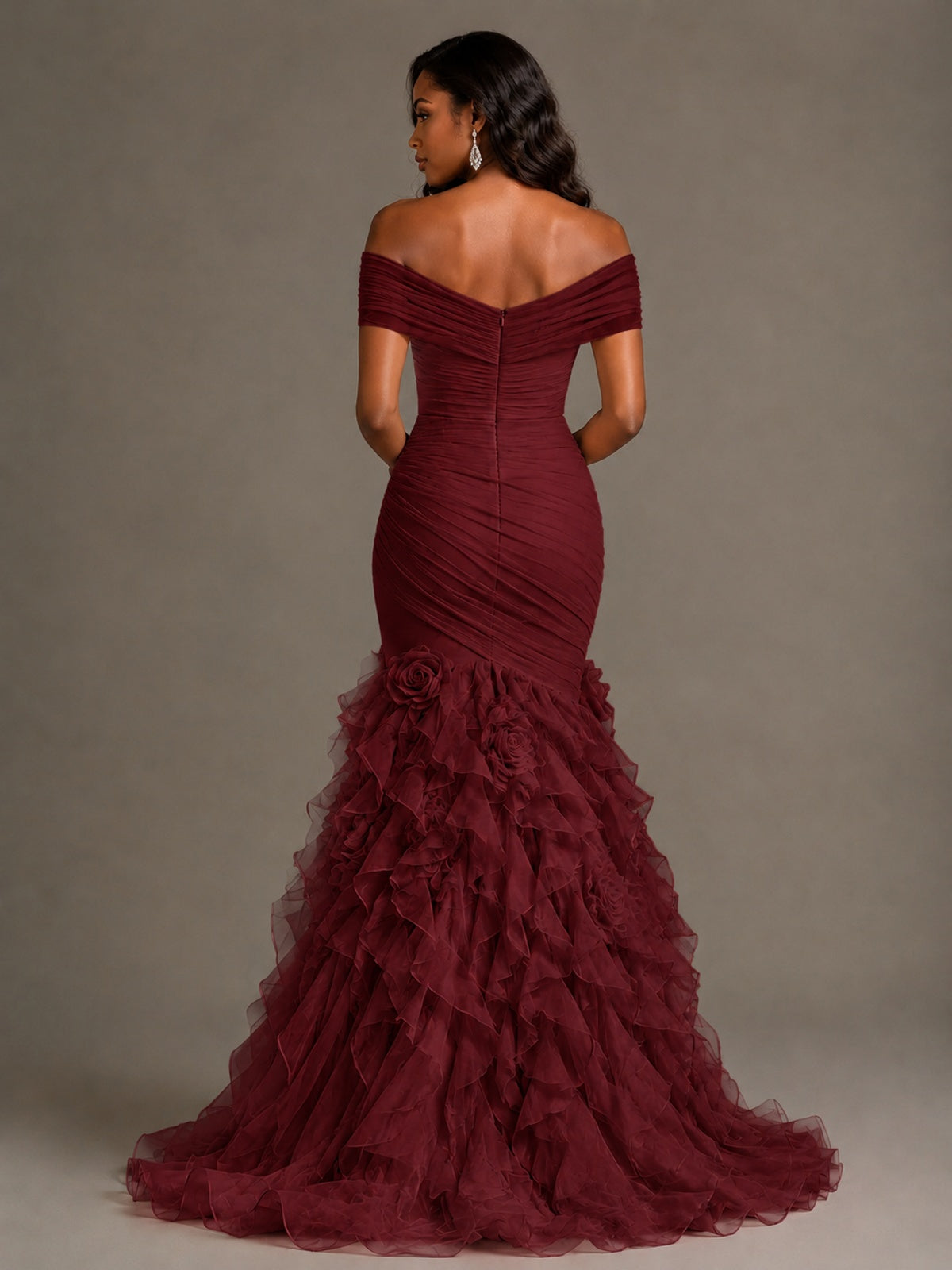 Pink Off-the-Shoulder Mermaid Prom Dress with Ruffles 3D Flowers