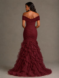 Pink Off-the-Shoulder Mermaid Prom Dress with Ruffles 3D Flowers