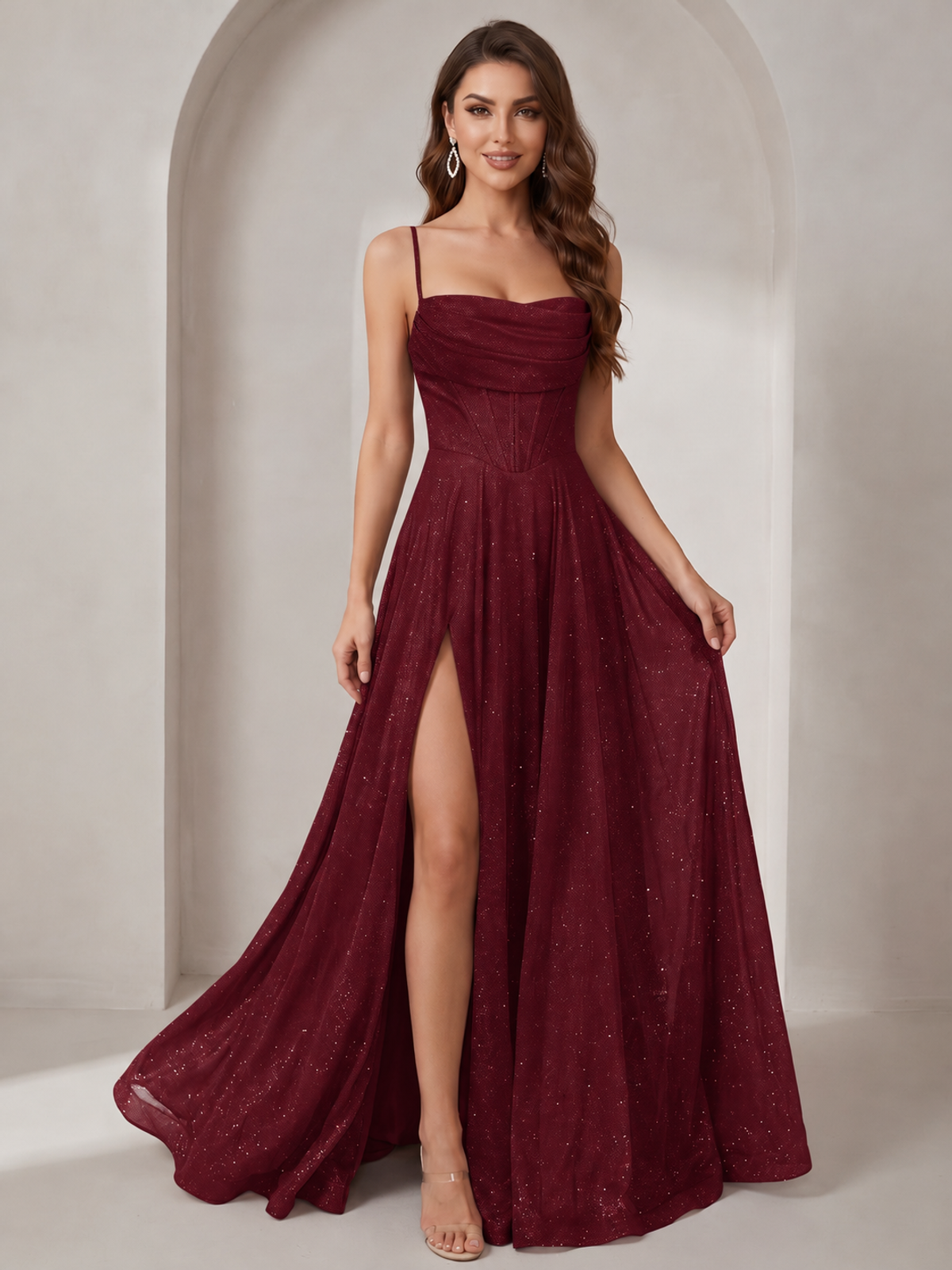 Sparkly Cowl Neck Corset Long Prom Dress with Slit A-line Tulle Ball Gown