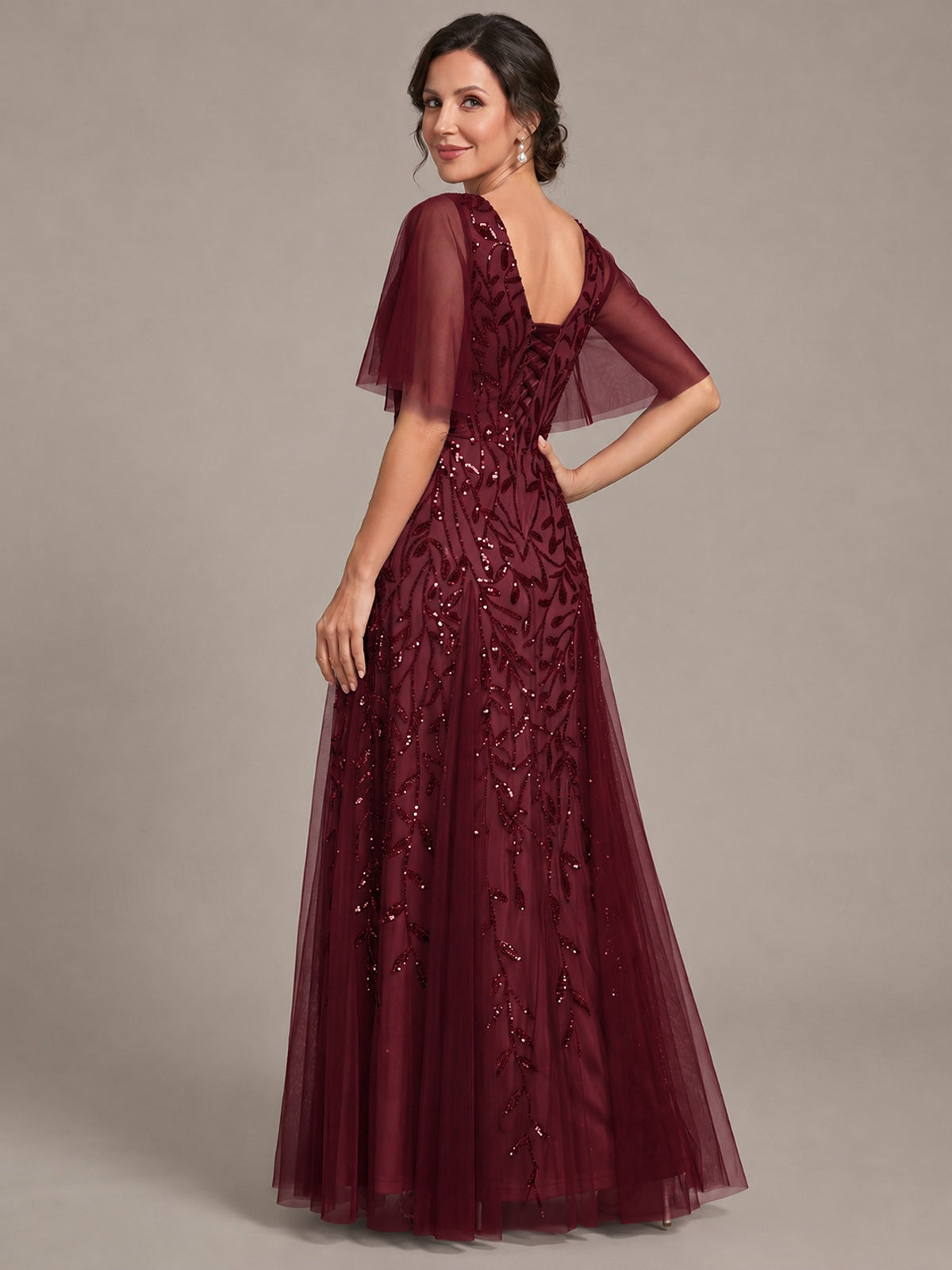 V-Neck Sequin Tulle Mother of the Bride Dress with Flutter Sleeve