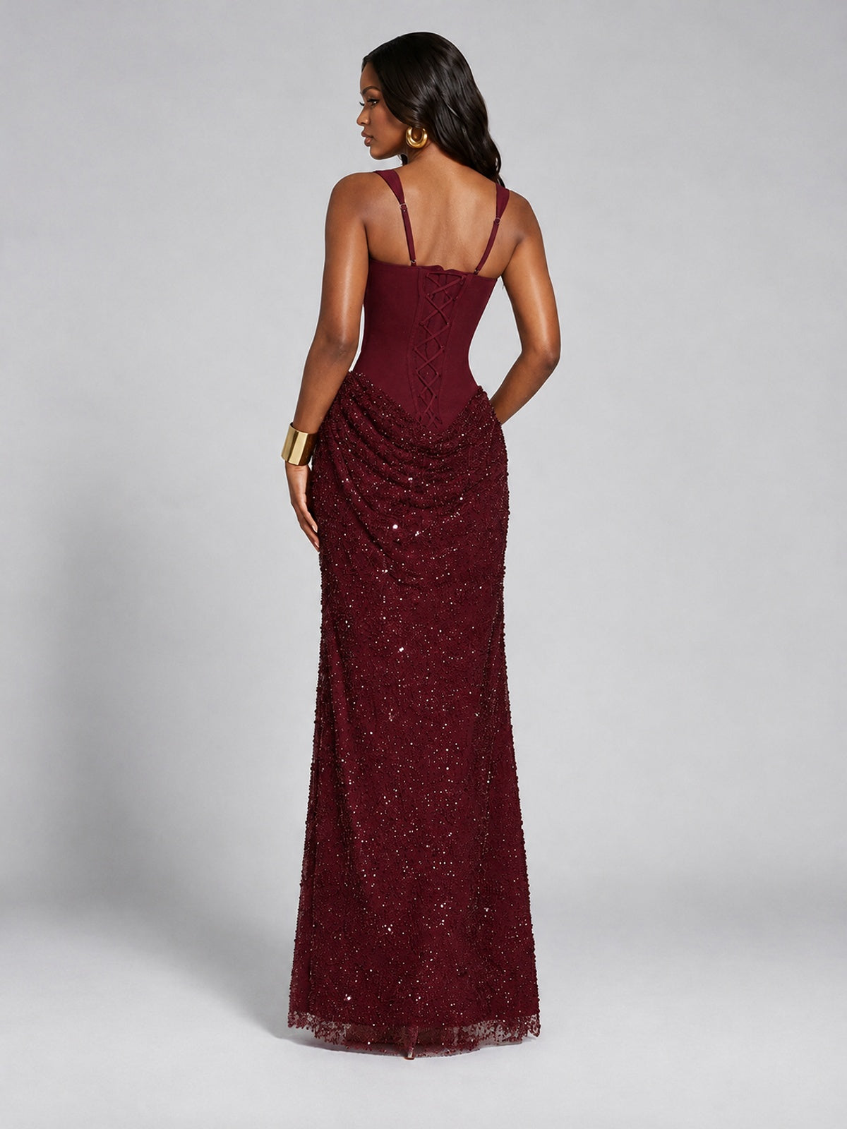 Sequin Corset Mermaid Prom Dress with Square Neck Wide Strap High Slit