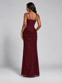 Sequin Corset Mermaid Prom Dress with Square Neck Wide Strap High Slit