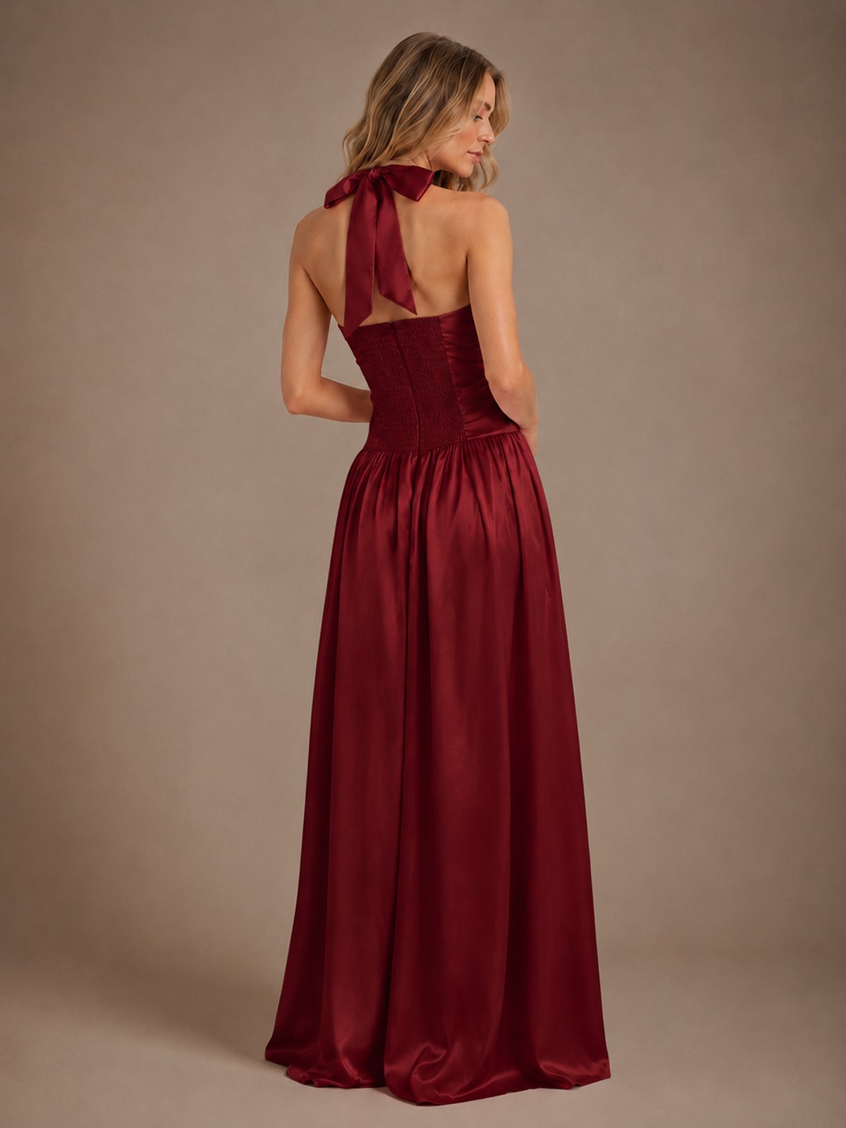 Pink V Neck Halter Satin Maxi Dress
