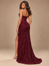 Gold Sequin Strapless Corset Prom Dress with High Slit