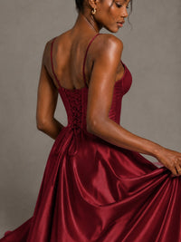 Lavender V Neck Satin Prom Dress with Spaghetti Straps