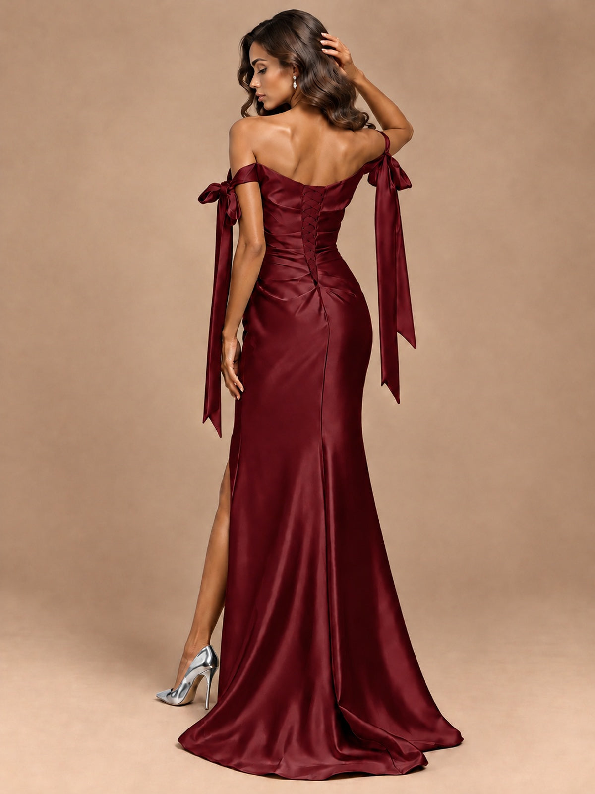 Off The Shuolder Satin Prom Dress Slit Mermaid Formal Gowns