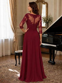 A-Line Chiffon Mother of the Bride Dress with Floral Applique 3/4 Sleeves