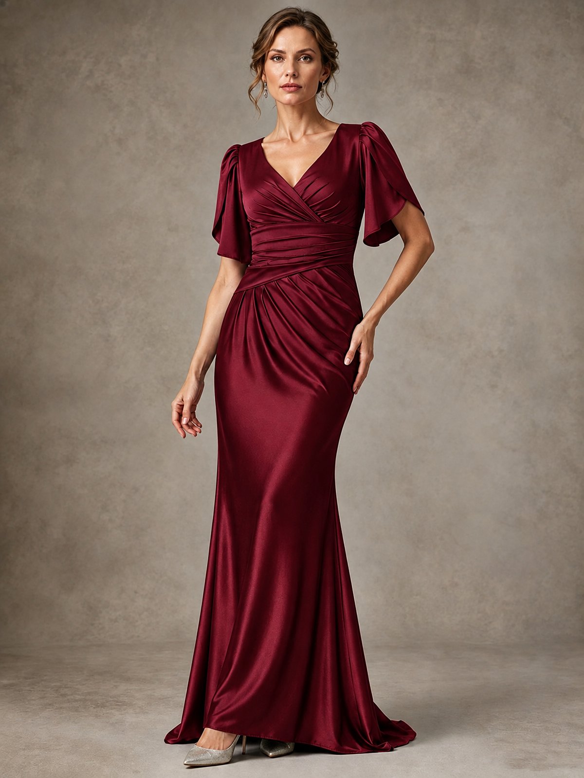 V-Neck Satin Mother of the Bride Dress with Flutter Sleeves