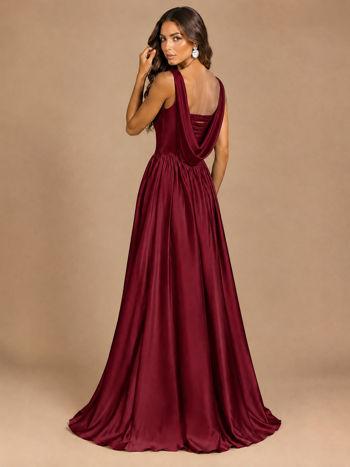Cowl Neck Pleated Satin Prom Dress with Pockets & Slit Maxi Formal Gowns