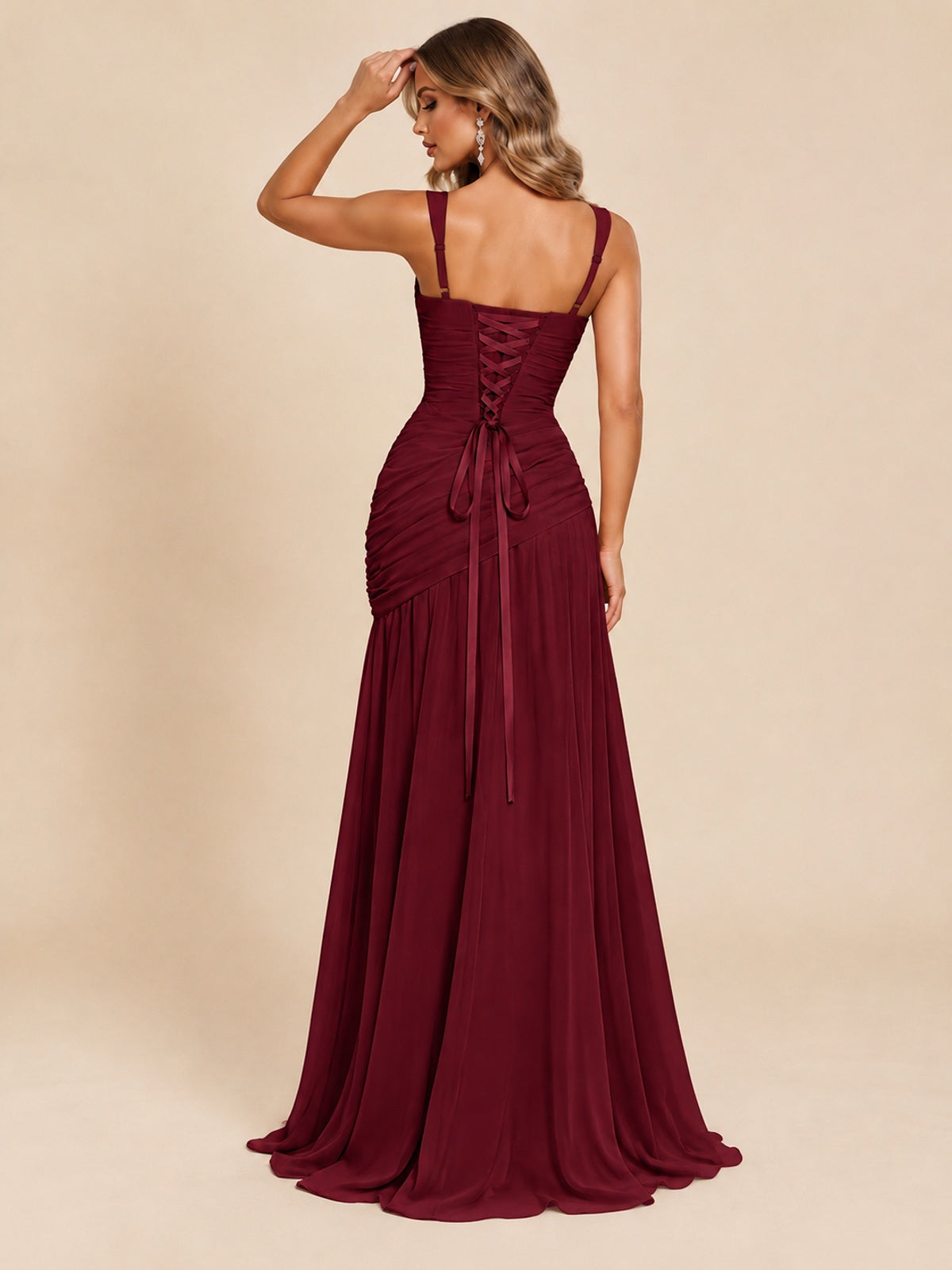 Wrap Pleated Prom Dress Scoop Neck with Slit Women Wedding Formal Dress