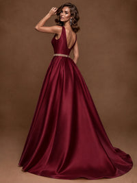 Satin A-Line Prom Dress Sleeveless Beaded Waist Formal Gown with Pockets