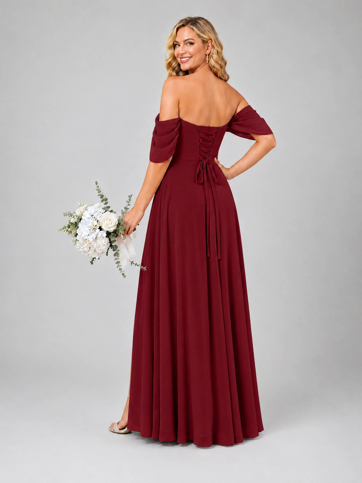 Off Shoulder Chiffon Bridesmaid Dress with Slit