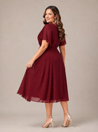 Navy Blue A-Line V-Neck Tea-Length Mother of the Bride Dress