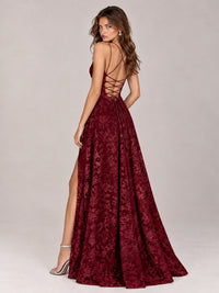 Floral Lace A-Line Prom Dress with Spaghetti Straps & High Slit