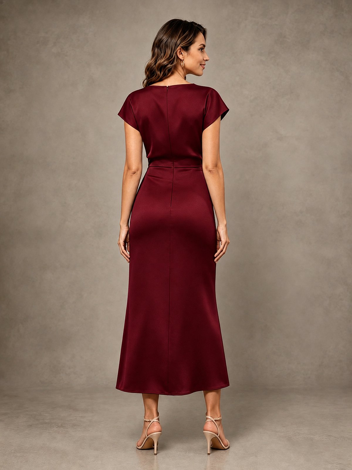 Cowl Neck Satin Mother of the Bride Dress with Ruched Waist