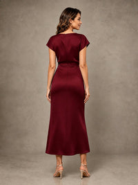 Cowl Neck Satin Mother of the Bride Dress with Ruched Waist