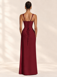 Square Neck Satin Sleeveless Ruched Prom Dress with High Slit