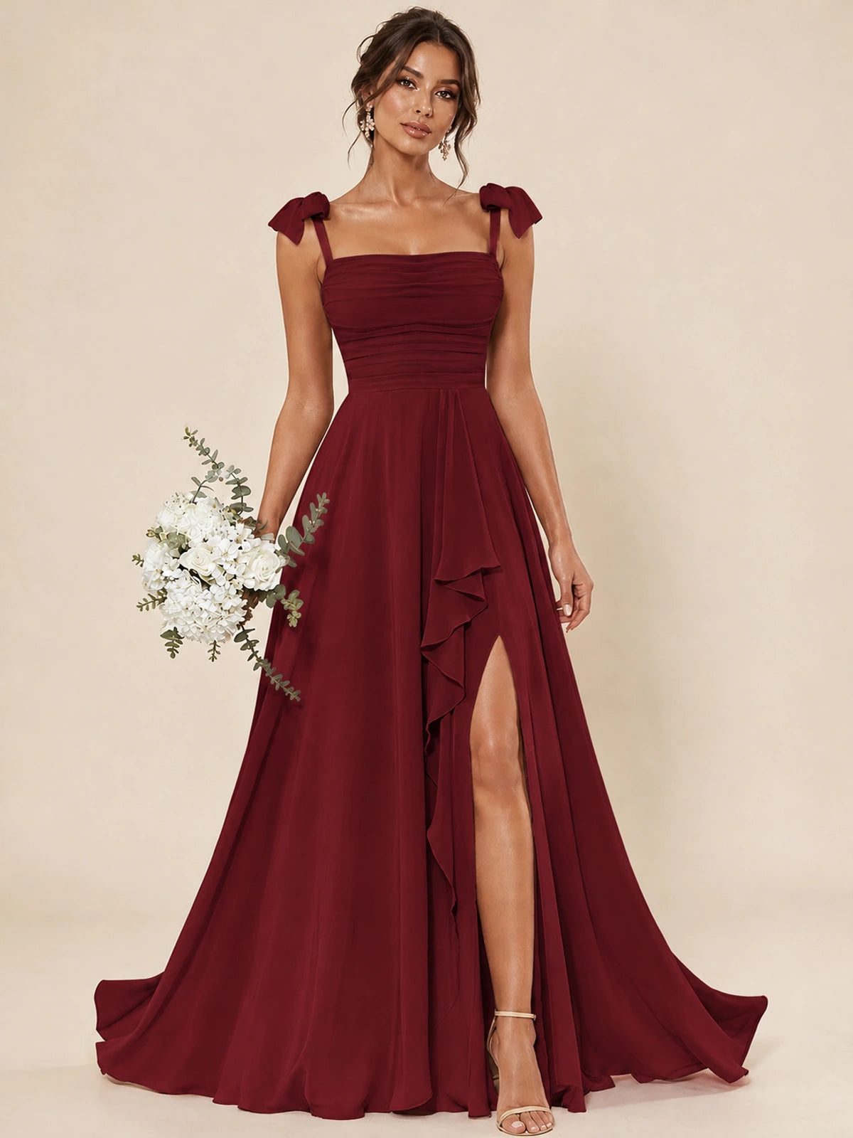 Ruffle Slit Chiffon A Line Scoop Neck Bridesmaid Dresses with Pockets