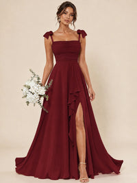 Ruffle Slit Chiffon A Line Scoop Neck Bridesmaid Dresses with Pockets