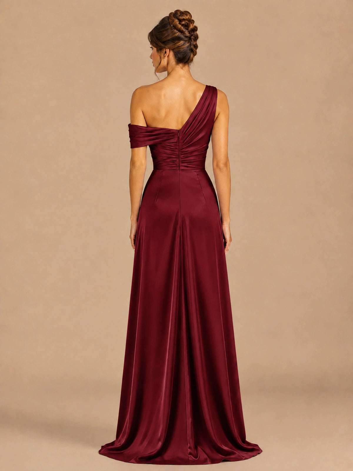 Satin One Shoulder Prom Dress Ruched Long Formal Evening Gown