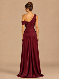 Satin One Shoulder Prom Dress Ruched Long Formal Evening Gown