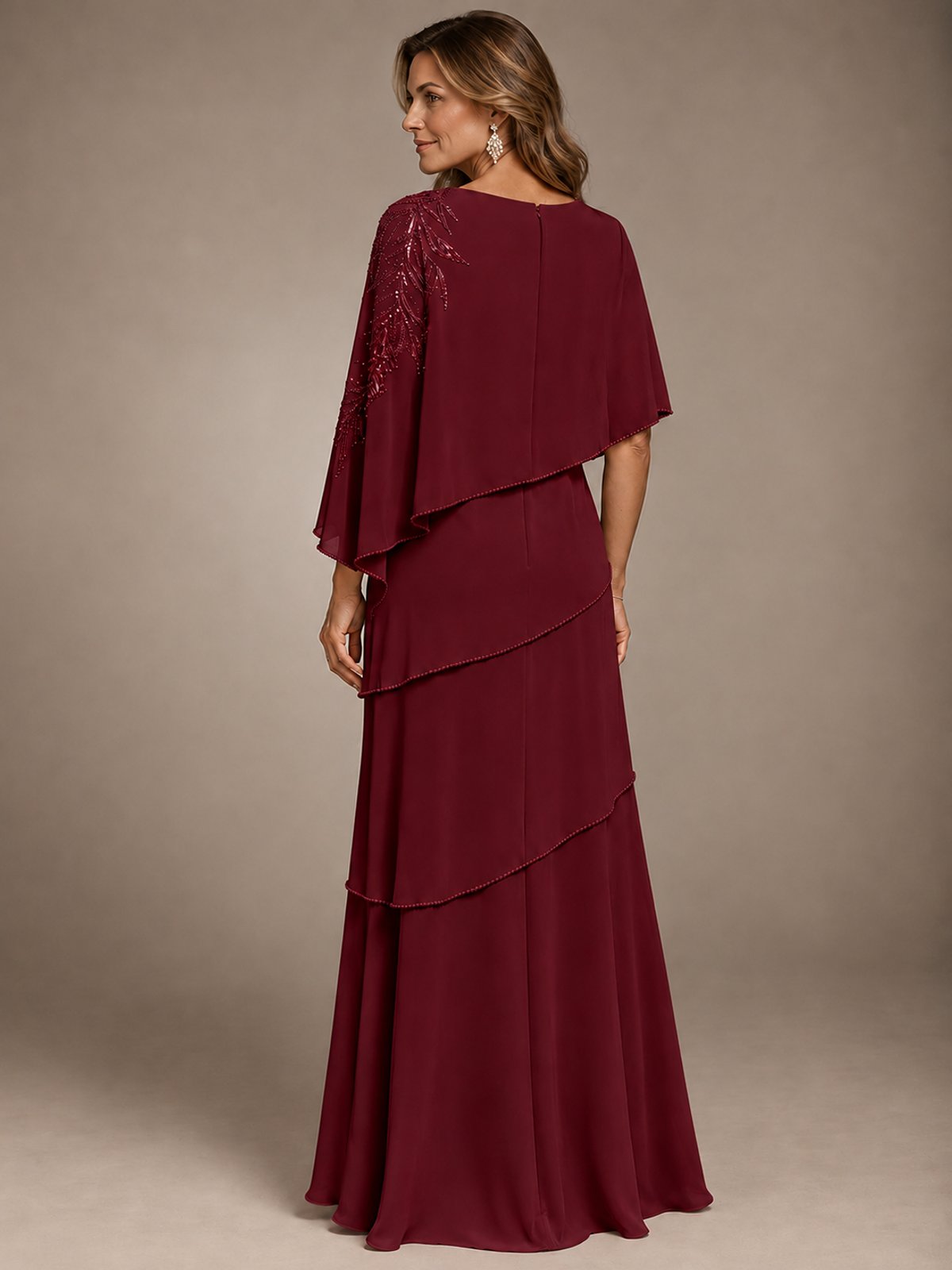 Elegant Chiffon Cape Sleeve Beaded Mother of the Bride Dress