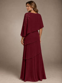 Elegant Chiffon Cape Sleeve Beaded Mother of the Bride Dress