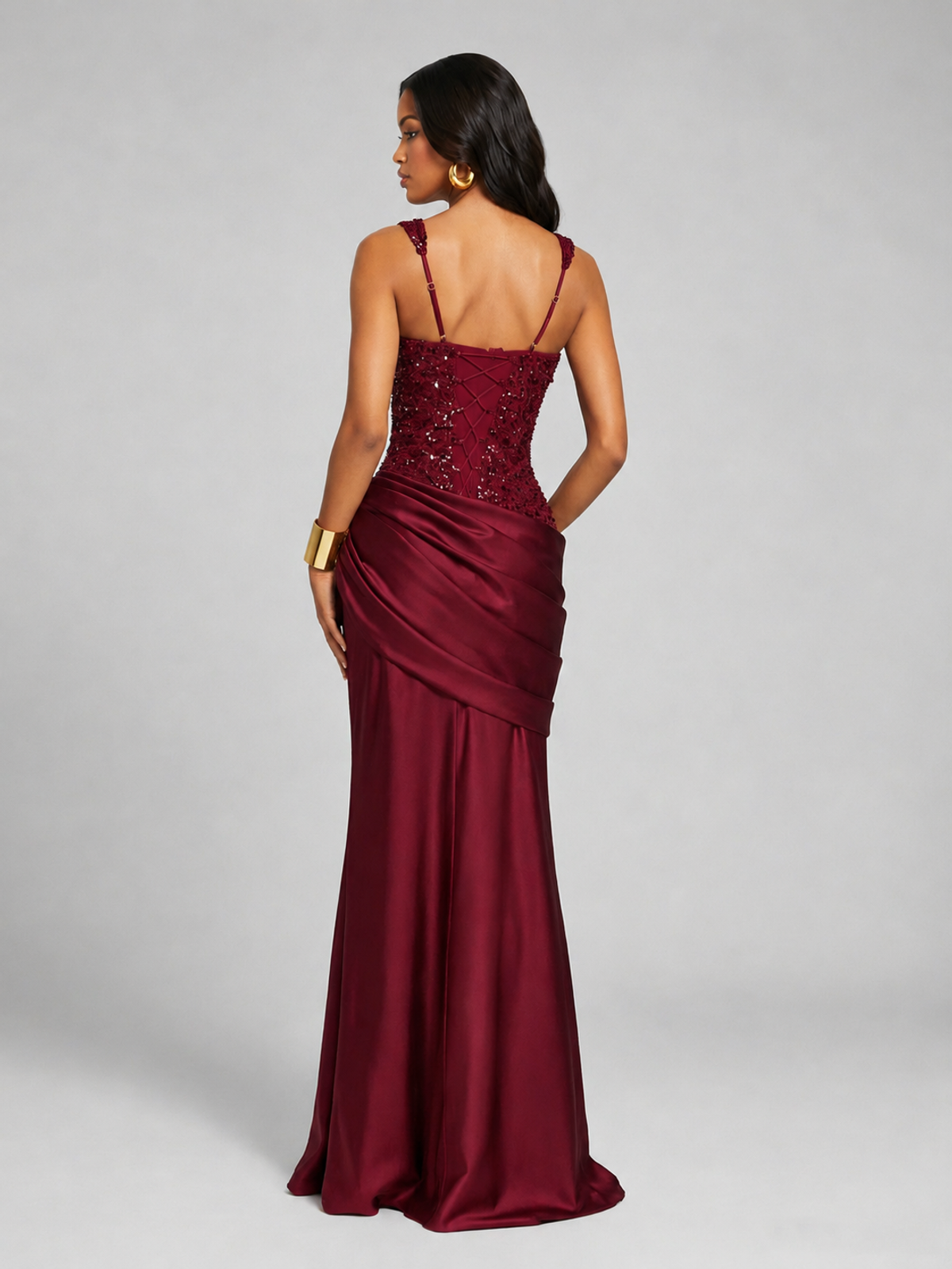 Scoop Neck Sequin Prom Dress with High Slit Satin Formal Gowns