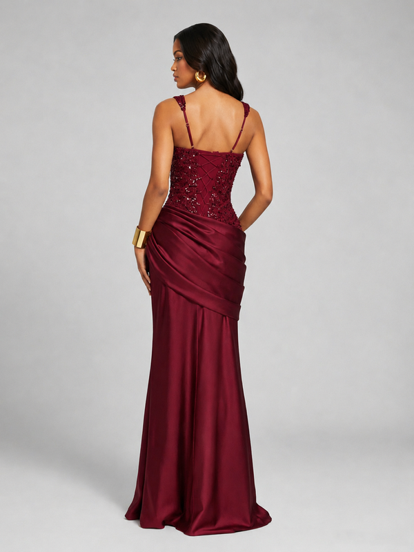 Scoop Neck Sequin Prom Dress with High Slit Satin Formal Gowns
