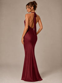 Olive Green Halter Satin Mermaid Maxi Dress